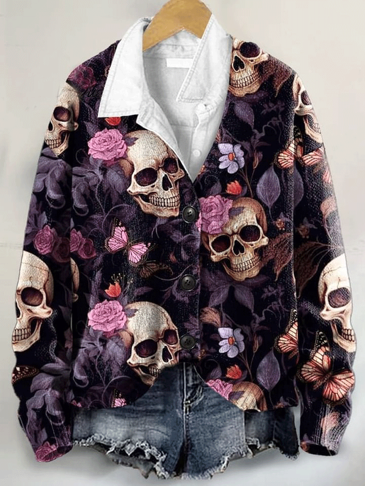 Halloween Skeleton Art Print Buttoned V-neck Cardigan Sweater
