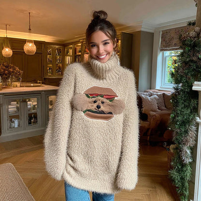Fuzzy Funny Hamburger Puppy Appliqué Cozy Knit Turtleneck Sweater