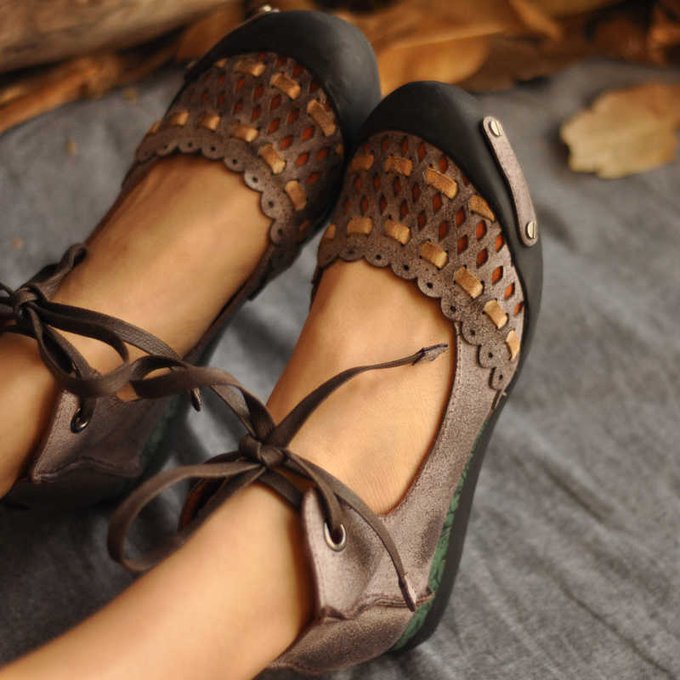 Deep Khaki Hollow-Out Flat Heel Daily Suede Flats