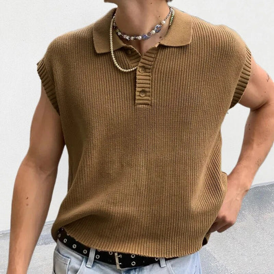 Men Sleeveless Buttoned Turn-down Collar Knit Vest Shirts