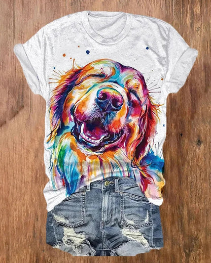 Cute Watercolor Dog Print Casual T-Shirt