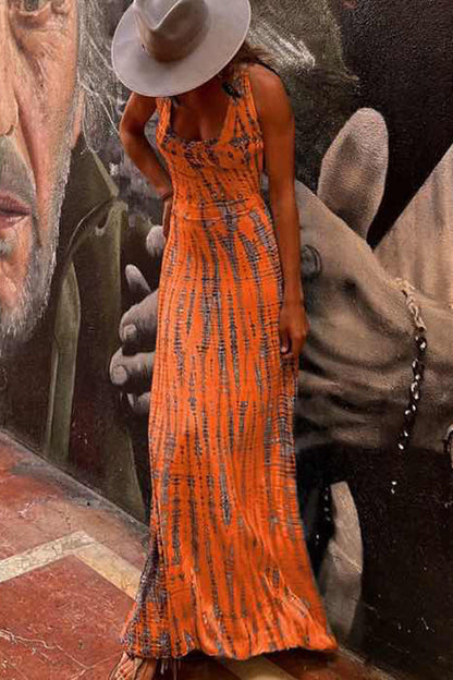 Modern Day Tie-dye Print Back Lace-up Stretch Maxi Dress