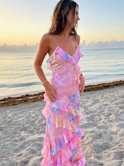 Women Sexy Ruffles Colorful Sling Dress Summer Spring Chic V Neck Sleeveless Long Beach Dresses Fashion Female Holiday Vestidos