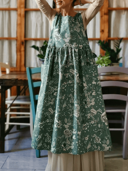 Vintage Grey Green Floral Print Long Apron with Pockets