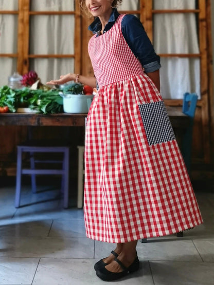 Red and Blue Checked Patchwork Apron