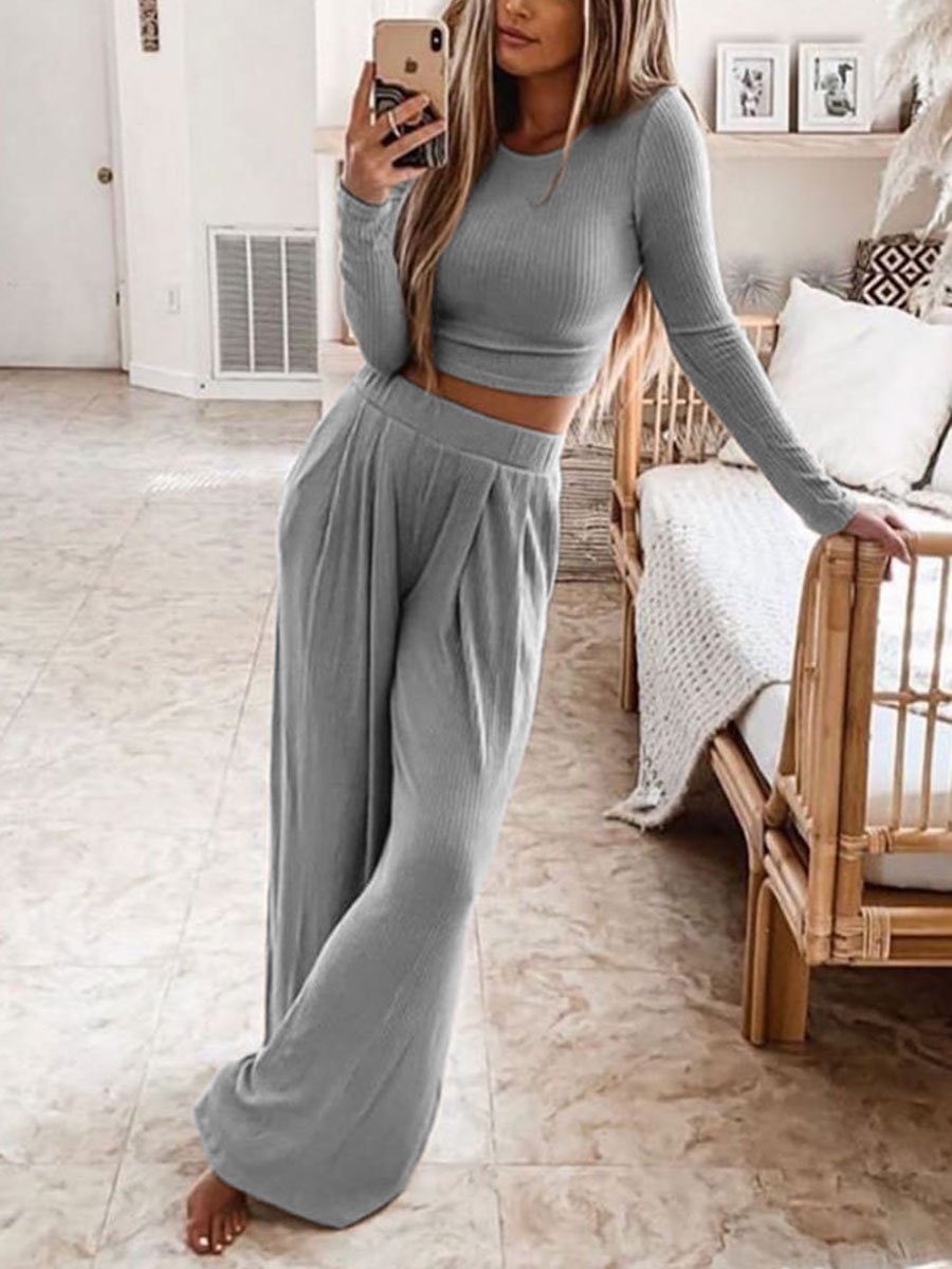 Fashion Wide Leg Round Neck Solid Color Suit