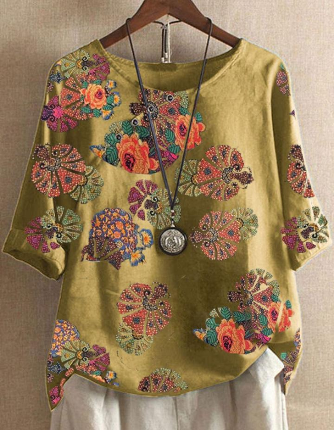 Soft Cotton Linen Short Sleeve Printed O-Neck Ladies blouses Tops