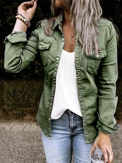 Trendy Lapel Neck Pleated Denim Jacket