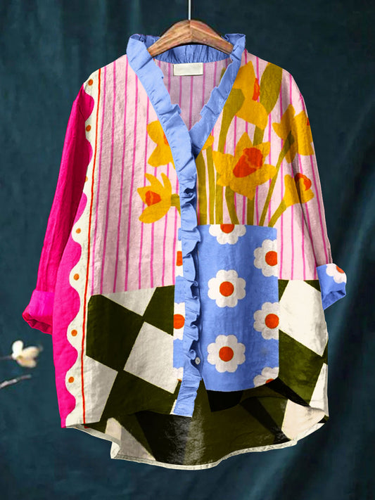 Women's Vintage Abstract Floral Art Print Casual Cotton And Linen Ruffle Shirt