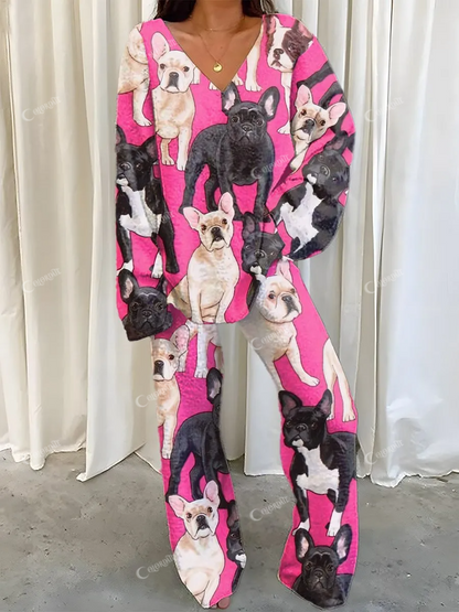 Women's Pink Bulldog Print Fleece Suit