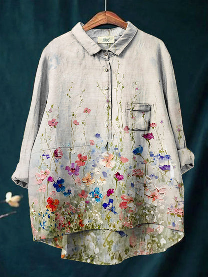 Women's Gradient Floral Print Casual Cotton And Linen Shirt