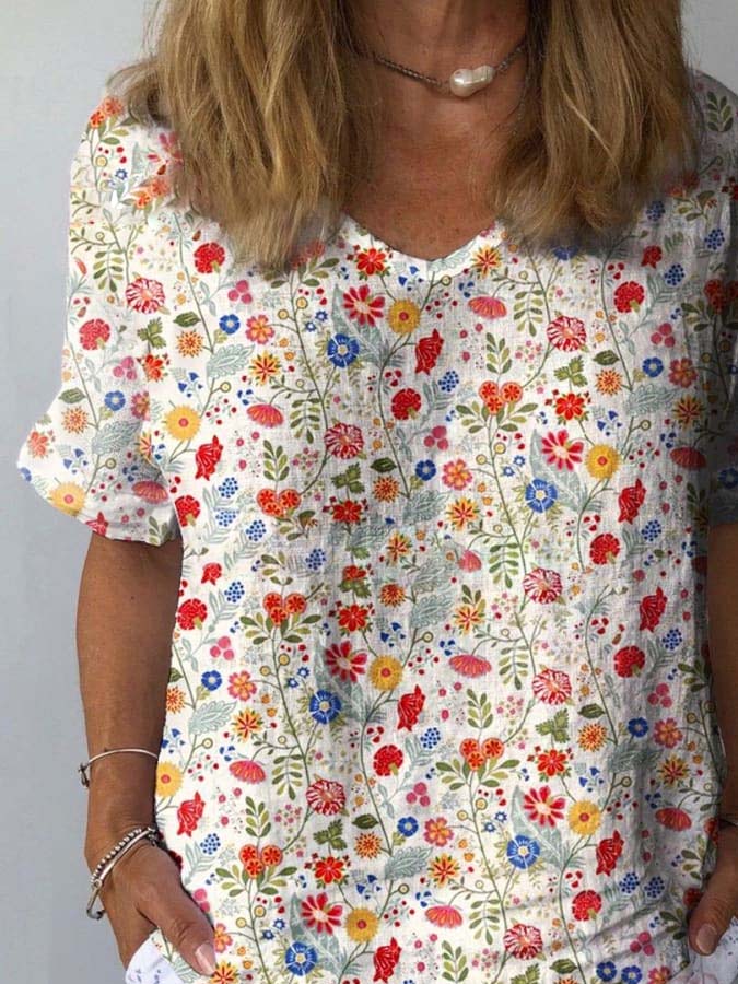 Women's  Pastoral Floral Art Print Casual Cotton And Linen Shirt