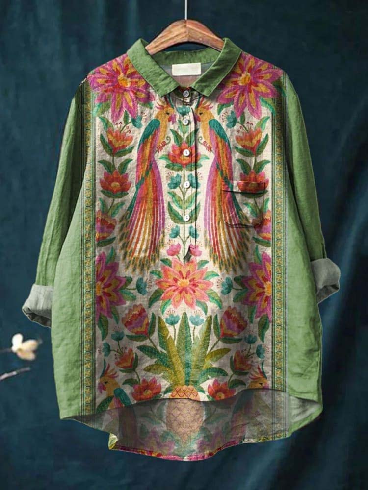 Women's Vintage Lovely Floral Birds Art Print Casual Cotton And Linen Shirt