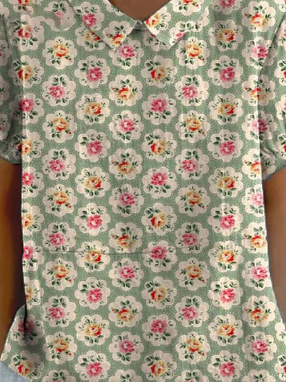 Women's Vintage Lovely Floral Art Print Casual Cotton And Linen Shirt