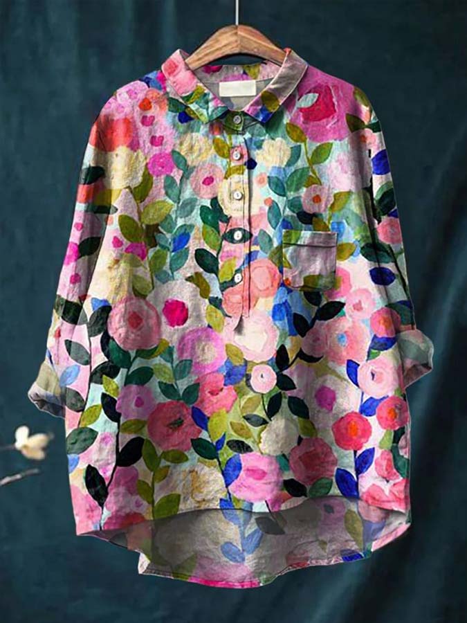 Colorful Spring Floral Garden Printed Women's Casual Cotton And Linen Shirt