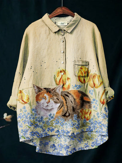 Women's Floral Cat Print Casual Cotton And Linen Shirt