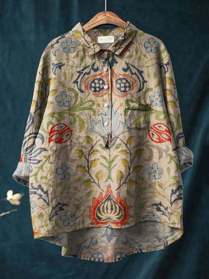 Women's Vintage Ethnic Floral Art Print Casual Cotton And Linen Shirt