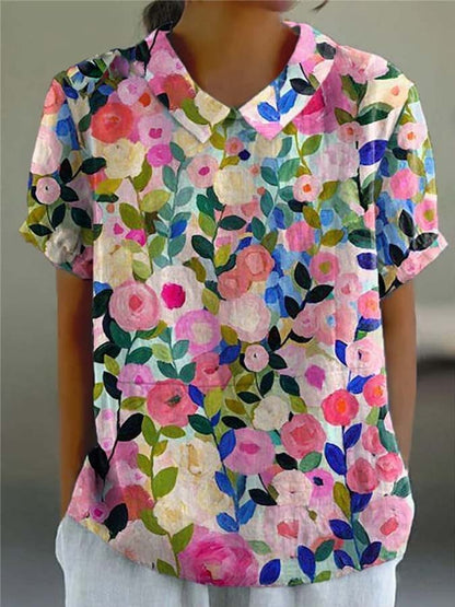 Colorful Spring Floral Garden Printed Women's Casual Cotton And Linen Shirt