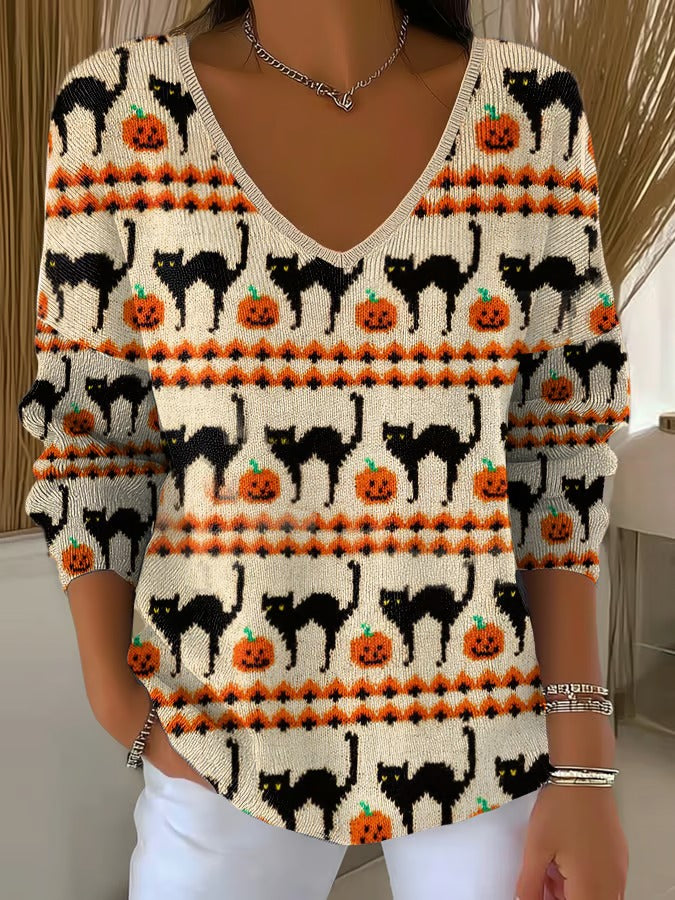Women's Halloween Casual V Neck Pullover Sweater