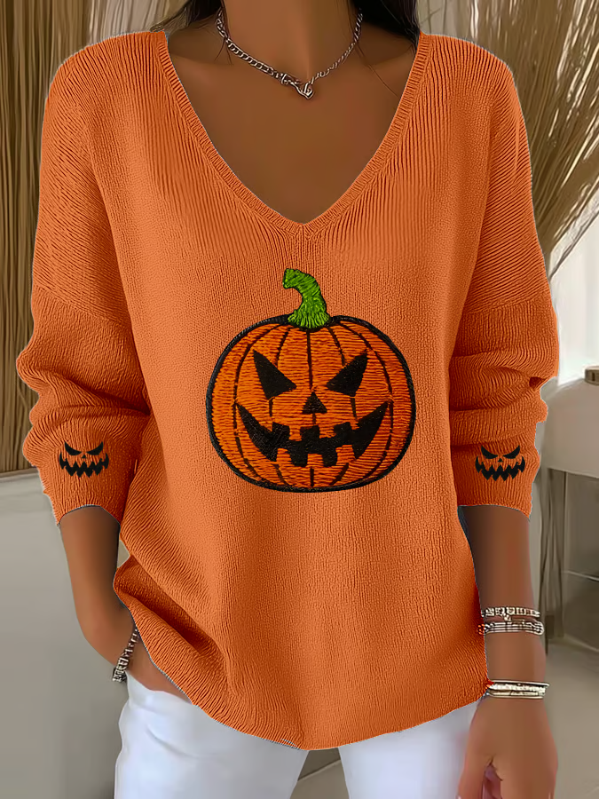 Women's Halloween Pumpkin Casual V Neck Pullover Sweater