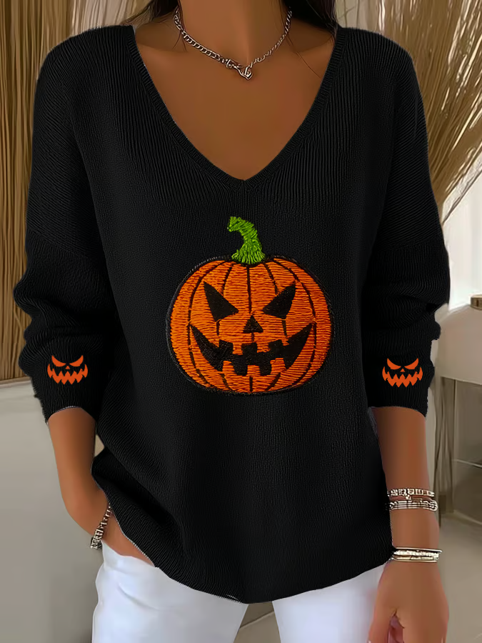 Women's Halloween Pumpkin Casual V Neck Pullover Sweater