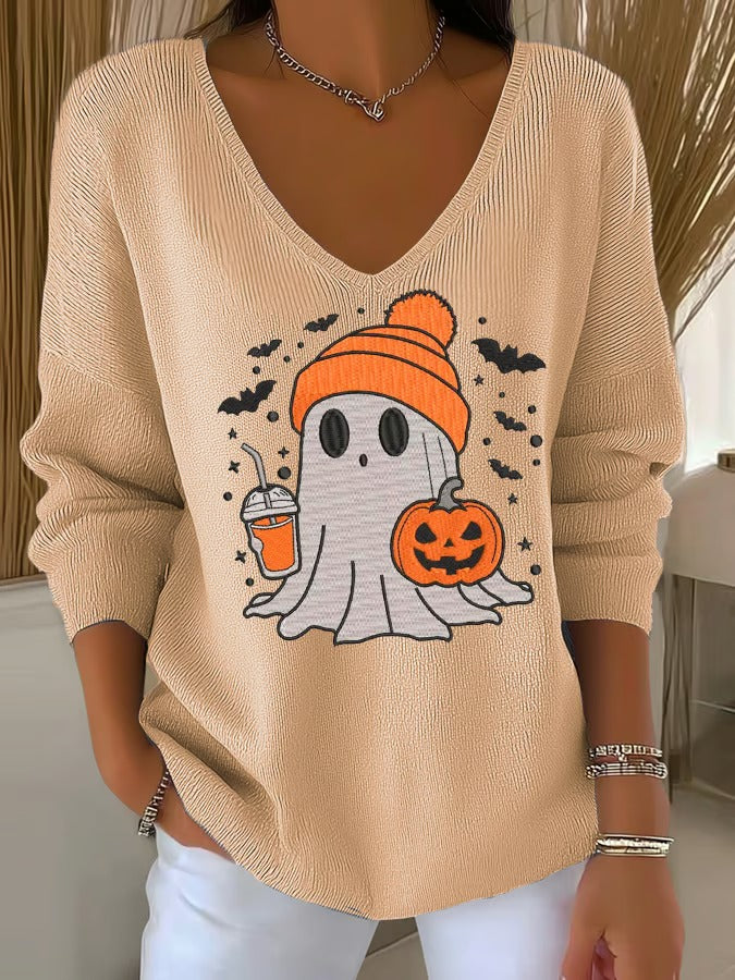 Women's Halloween Cute Ghost Casual V Neck Pullover Sweater