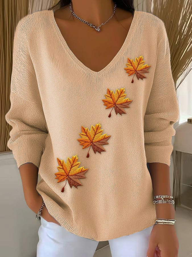 Women's Fall Maple Leaf Casual V Neck Pullover Sweater