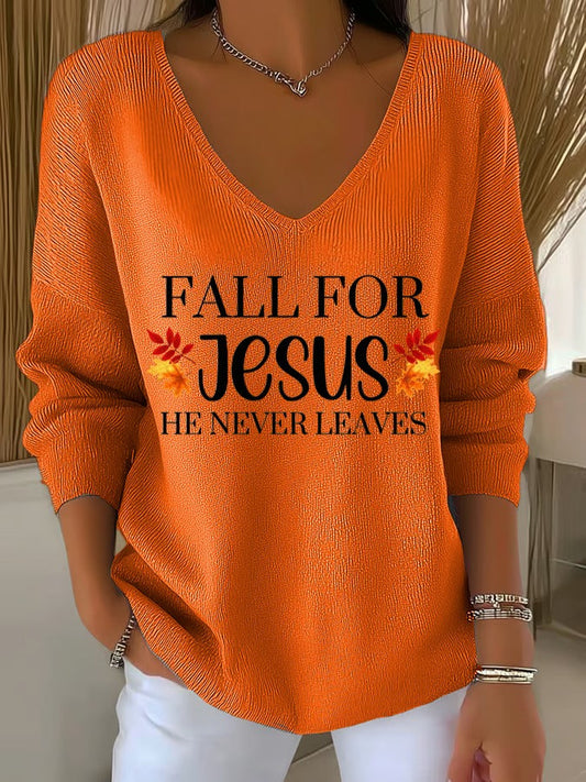 Fall For Jesus Casual V Neck Pullover Sweater