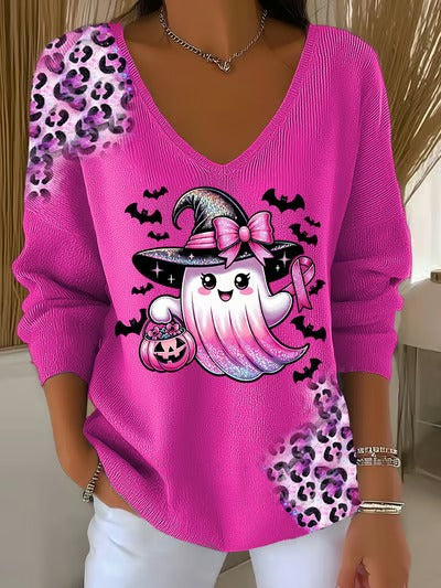 Women's Breast Cancer Ghost Leopard V Neck Pullover Sweater