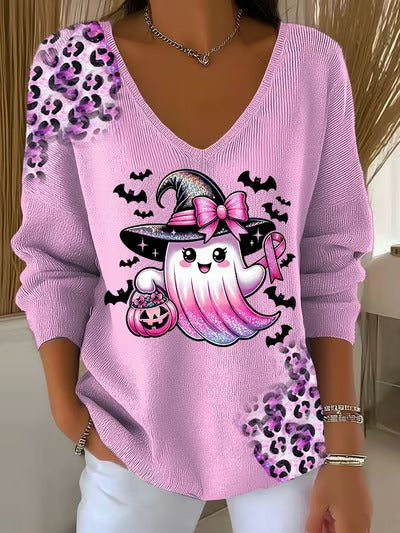 Women's Breast Cancer Ghost Leopard V Neck Pullover Sweater