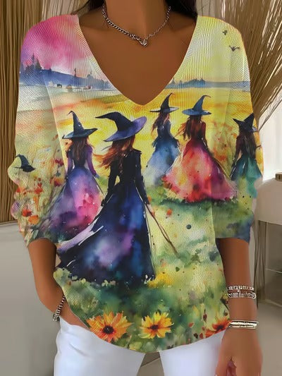 Women's Halloween Witch Casual V Neck Pullover Sweater