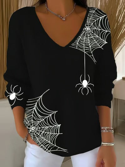 Women's Halloween Spider Web Casual V Neck Pullover Sweater