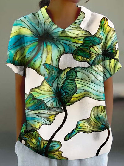 Women's Green Floral Print Casual Cotton And Linen Short Sleeves Shirt