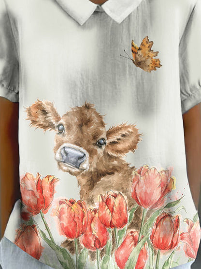 Women's Floral Cow Print Casual Cotton And Linen Short Sleeve Shirt