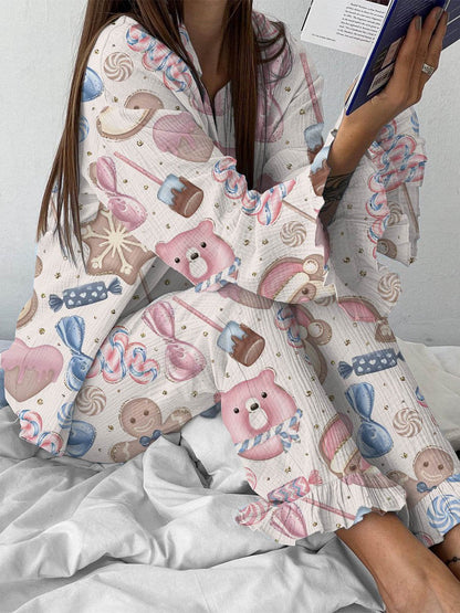 Women's Pink Christmas Gingerbread Print Linen Cotton Suit