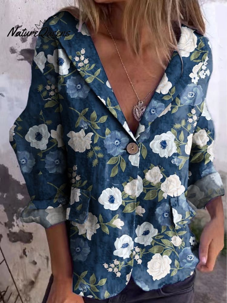 Women's Floral Art Print Cotton Linen Jacket Blazer