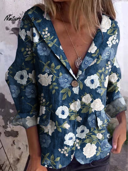 Women's Floral Art Print Cotton Linen Jacket Blazer