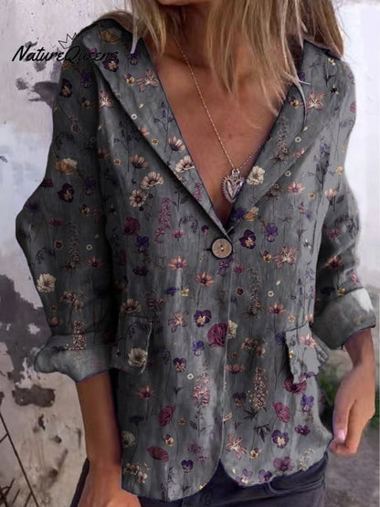 Women's Floral Art Print Cotton Linen Jacket Blazer