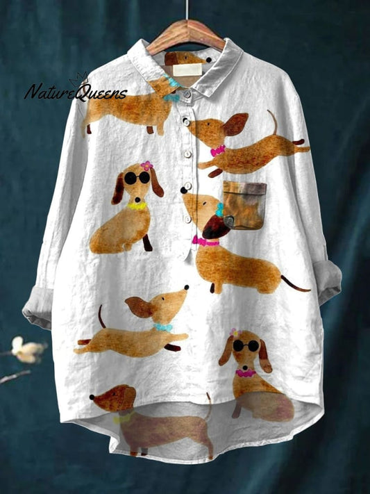 Cute Dog Dachshund Art Print Casual Cotton And Linen Shirt