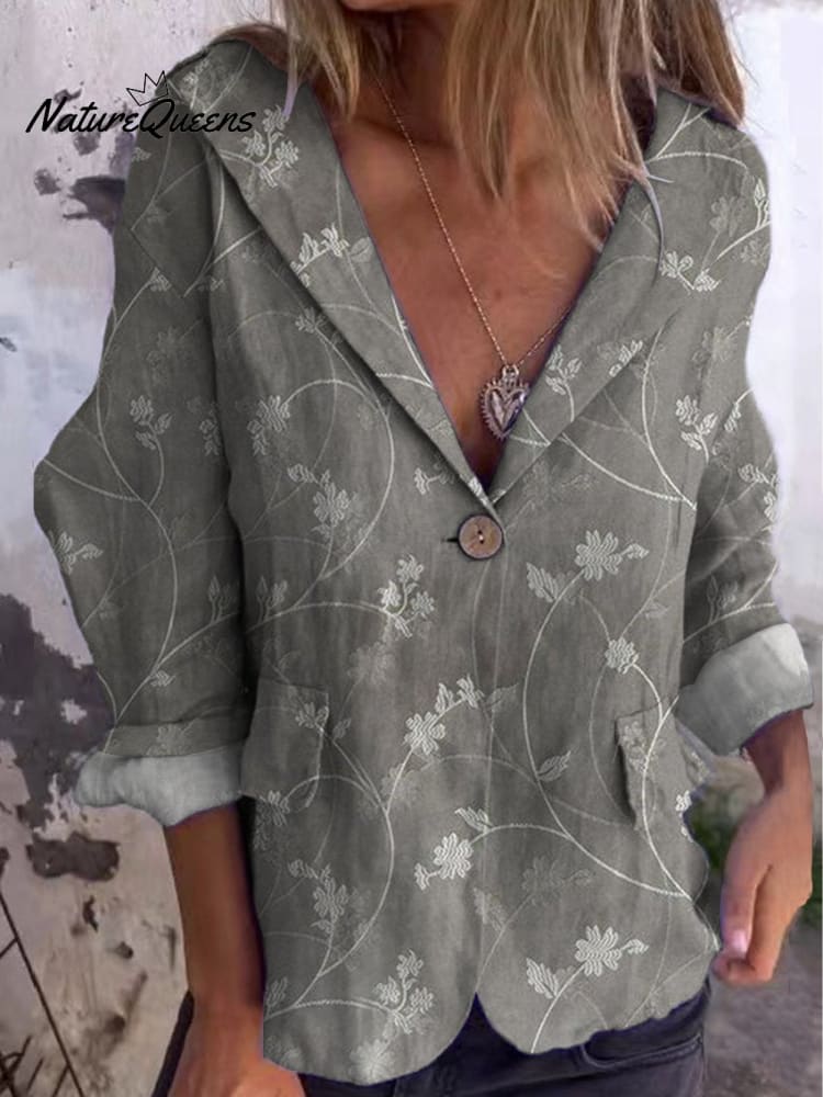 Women's Vintage Art Floral Cotton Linen Jacket Blazer