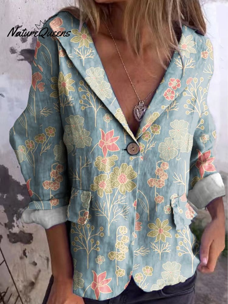 Women's Floral Art Print Cotton Linen Jacket Blazer