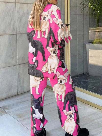 Women's Pink Bulldog Print Fleece Suit