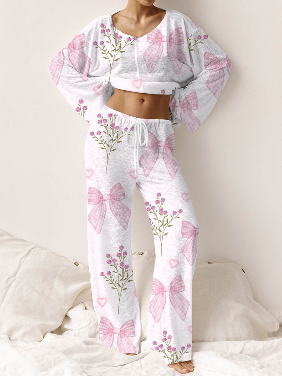 Women's Pink Bow Flower Printed Loungewear Set