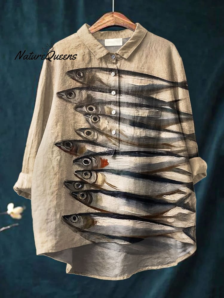 Women's Vintage Fish Art Print Casual Cotton And Linen Shirt