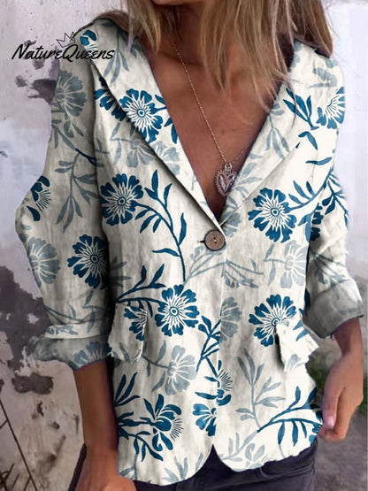 Women's Floral Art Print Cotton Linen Jacket Blazer