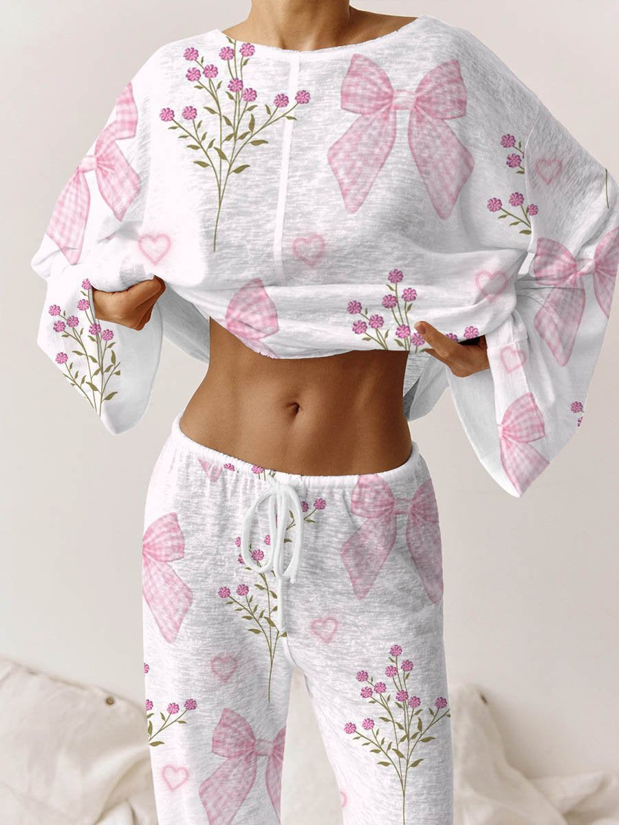 Women's Pink Bow Flower Printed Loungewear Set