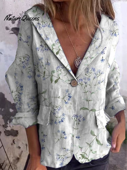 Women's Blue Floral Print On White Background Print Cotton Linen Jacket Blazer