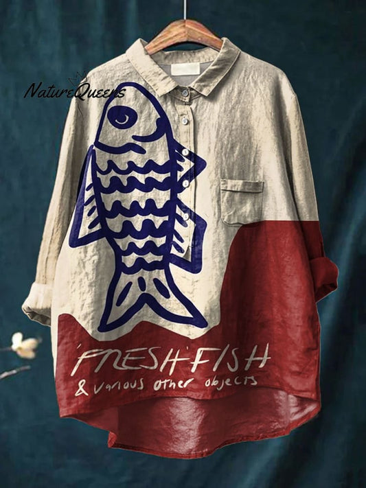 Women's Vintage Fish Art Print Casual Cotton And Linen Shirt