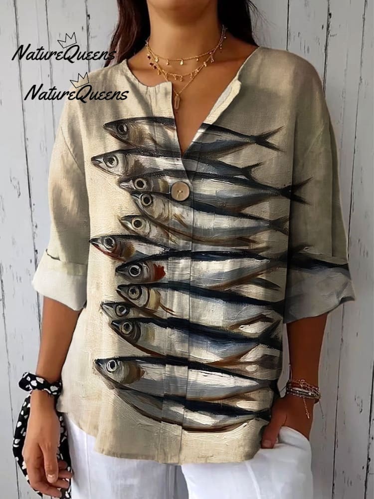 Women's Vintage Fish Art Print Casual Cotton And Linen Shirt