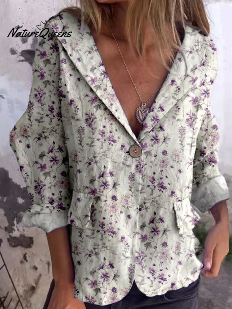 Women's Vintage Art Floral Cotton Linen Jacket Blazer